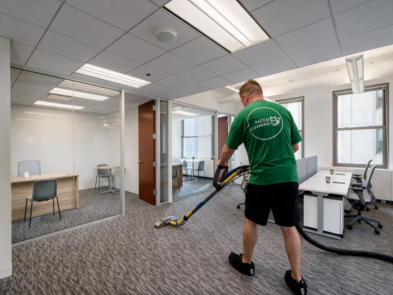 Raccoon Cleaning technician deep-cleaning office carpet with hot-water extraction